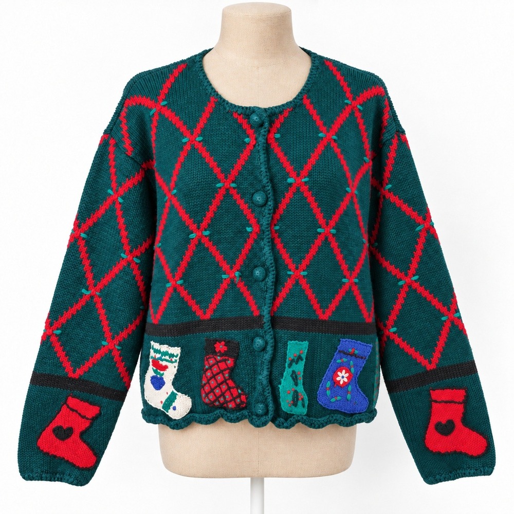 Vintage 90s Christmas Stocking Button Cardigan Size M Green Red Novelty Teacher